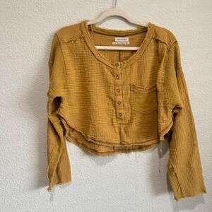 URBAN OUTFITTERS Yellow Waffle Knit Cropped Henley Shirt Long Sleeve Boho